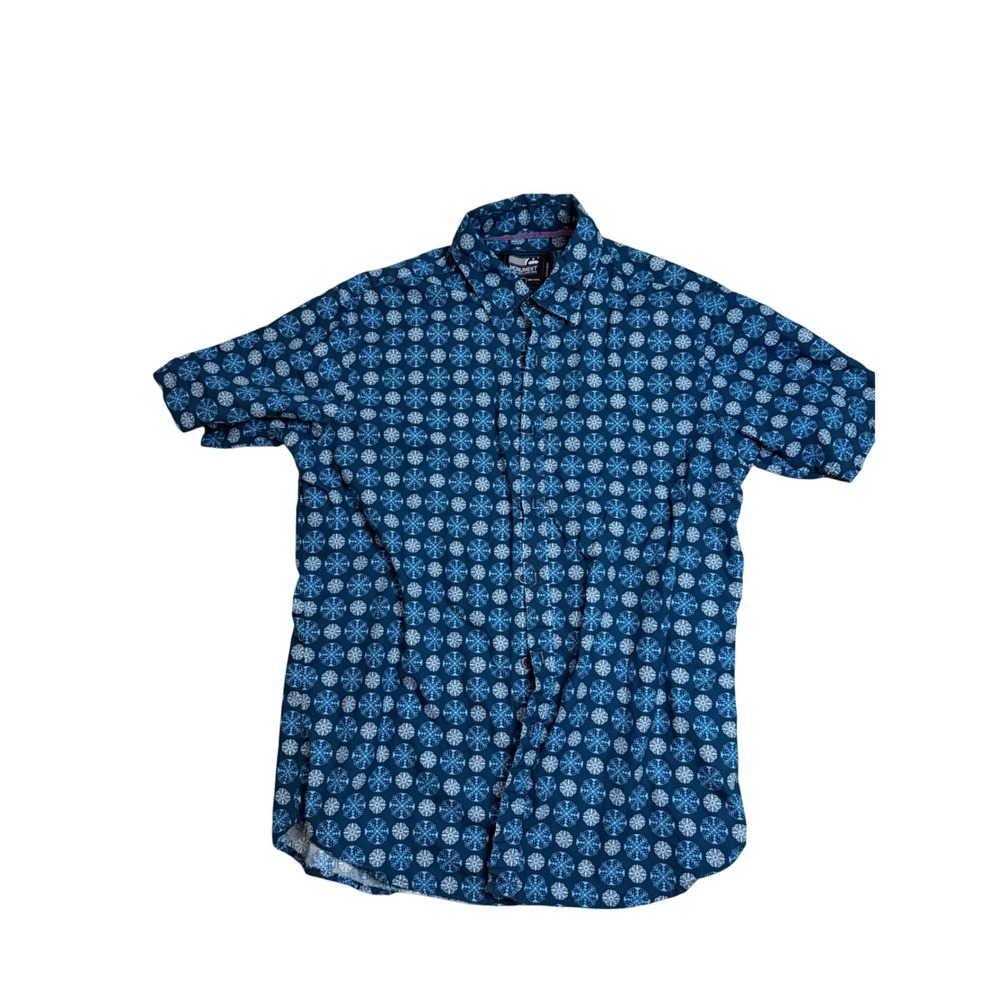 Monument Mens Large Blue Snowflake Short Sleeve Cotton Button Down Shirt